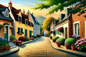 a painting of a street with flowers and houses. AI-Generated photo