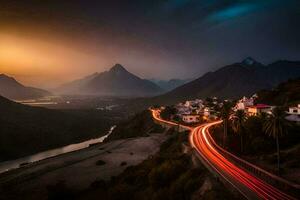 a long exposure photograph of a road and mountains at sunset. AI-Generated photo