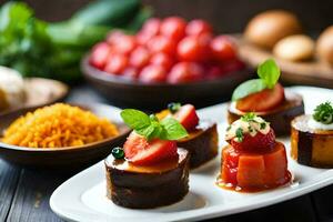 un plato con pequeño aperitivos y vegetales. generado por ai foto