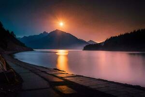el Luna sube terminado un lago y montañas. generado por ai foto