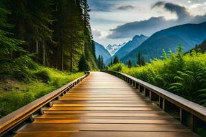 a wooden walkway leads to a mountain range. AI-Generated photo