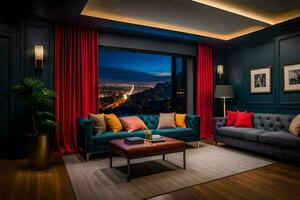 a living room with blue walls and a view of the city. AI-Generated photo