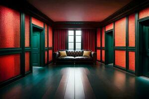 un habitación con rojo paredes y negro mueble. generado por ai foto