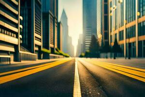 un ciudad calle con amarillo líneas y alto edificios generado por ai foto