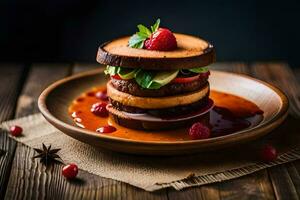 a stack of food on a wooden table. AI-Generated photo