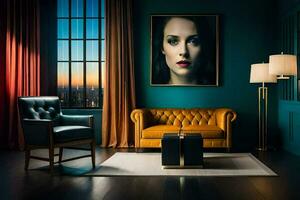 a room with a painting on the wall and a couch. AI-Generated photo