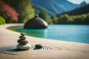 Roca equilibrio en el borde de un lago. generado por ai foto