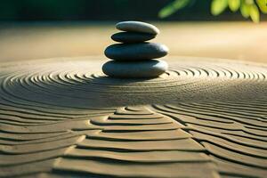 a stack of stones on top of a sand dune. AI-Generated photo