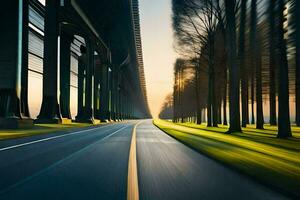 a long, empty road with trees and a bridge. AI-Generated photo