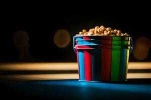 a bucket of popcorn on a table. AI-Generated photo