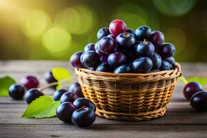 a basket of black currant on a wooden table. AI-Generated photo