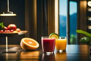 two glasses of juice on a table with fruit and vegetables. AI-Generated photo