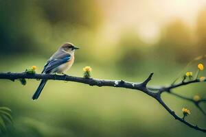 a blue bird sits on a branch in the sun. AI-Generated photo