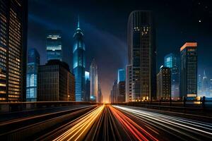 un ciudad a noche con luces en el la carretera. generado por ai foto