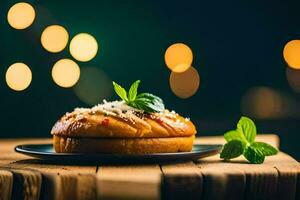 a pastry on a plate with a green leaf on top. AI-Generated photo
