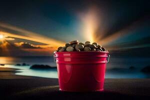 un rojo Cubeta lleno con monedas en el playa. generado por ai foto