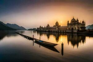 a boat sits on the water at sunset in front of a building. AI-Generated photo