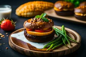 un hamburguesa con queso, Tomates y verde frijoles. generado por ai foto