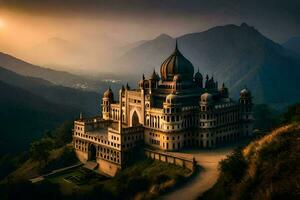 the sun sets over a beautiful palace in india. AI-Generated photo