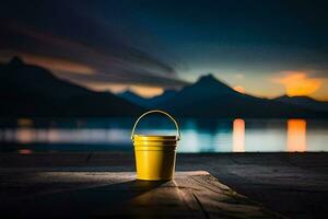 a yellow bucket sitting on a dock with mountains in the background. AI-Generated photo