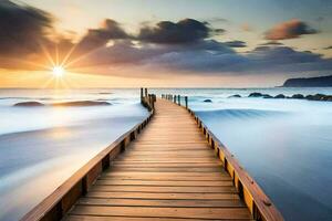 the sun rises over the ocean and the wooden boardwalk leads to the water. AI-Generated photo