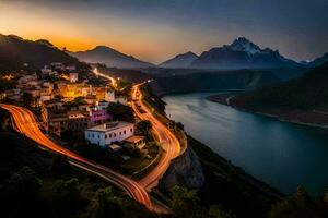 a sunset over a mountain and a river. AI-Generated photo