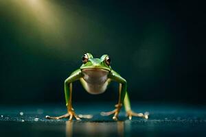 a frog standing on its hind legs with its legs spread. AI-Generated photo