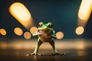 a frog standing on its hind legs with its eyes open. AI-Generated photo