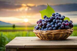 grapes in a basket on a wooden table. AI-Generated photo