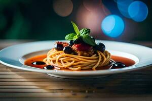 a plate of spaghetti with blueberries and tomatoes. AI-Generated photo