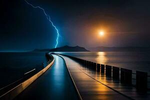 a long pier with a lightning bolt coming out of the sky. AI-Generated photo