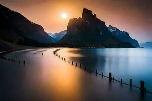 foto fondo de pantalla el cielo, montañas, agua, atardecer, el mar, el sol, el montañas. generado por ai