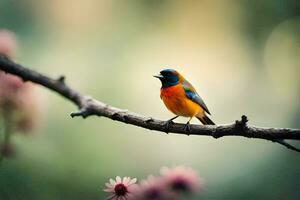 a colorful bird sits on a branch. AI-Generated photo