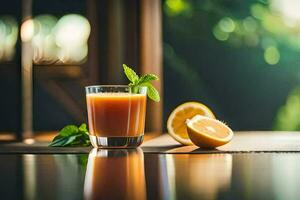 naranja jugo con menta hojas en un mesa. generado por ai foto