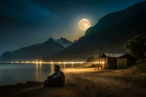 un hombre sentado en el playa a noche con un lleno Luna. generado por ai foto