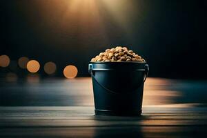 a bucket of peanuts on a wooden table. AI-Generated photo