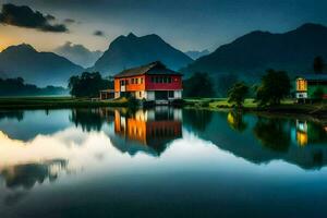a house in the mountains with a lake and mountains in the background. AI-Generated photo