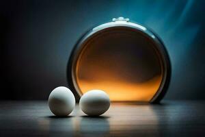 two eggs sit in front of a light bulb. AI-Generated photo