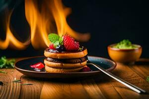 a stack of pancakes with berries and mint on a plate. AI-Generated photo