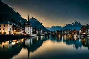 el pueblo de lucerna, Suiza a oscuridad. generado por ai foto