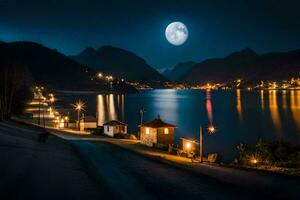 a moonlit night scene with a lake and houses. AI-Generated photo