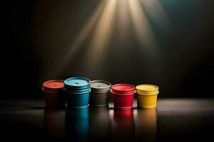 a row of colorful plastic cups on a dark surface. AI-Generated photo