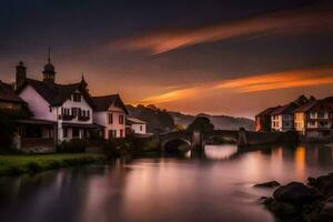 un río carreras mediante un pueblo a puesta de sol. generado por ai foto