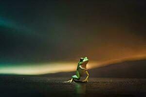 a frog standing on a dark surface with a light behind it. AI-Generated photo