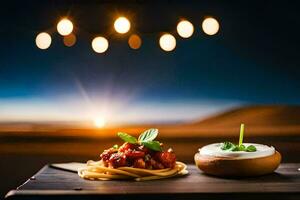 the food is served on a wooden table with a glass of wine and a candle. AI-Generated photo