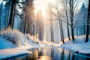 un río carreras mediante un Nevado bosque a puesta de sol. generado por ai foto