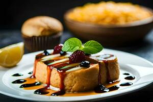 un postre en un plato con bayas y jarabe. generado por ai foto