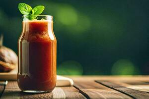 un vaso de tomate jugo en un de madera mesa. generado por ai foto