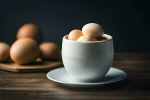 eggs in a cup on a wooden table. AI-Generated photo
