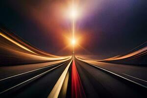 un largo exposición fotografía de un autopista a noche. generado por ai foto
